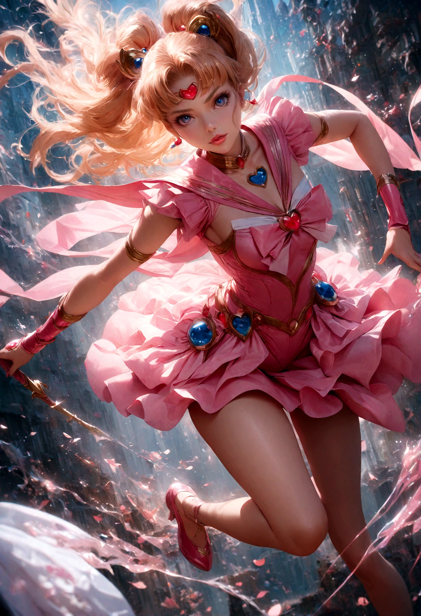 1girl, sailor moon, bishoujo senshi sailor moon, elegant detailed eyes, detailed facial features, long eyelashes, beautiful detailed lips, elegant detailed pose, highly detailed, masterpiece, 4k, hyper realistic, photorealistic, cinematic lighting, dynamic composition, intricate details, vibrant colors, soft dreamy atmosphere, magical girl fantasy, full body shot