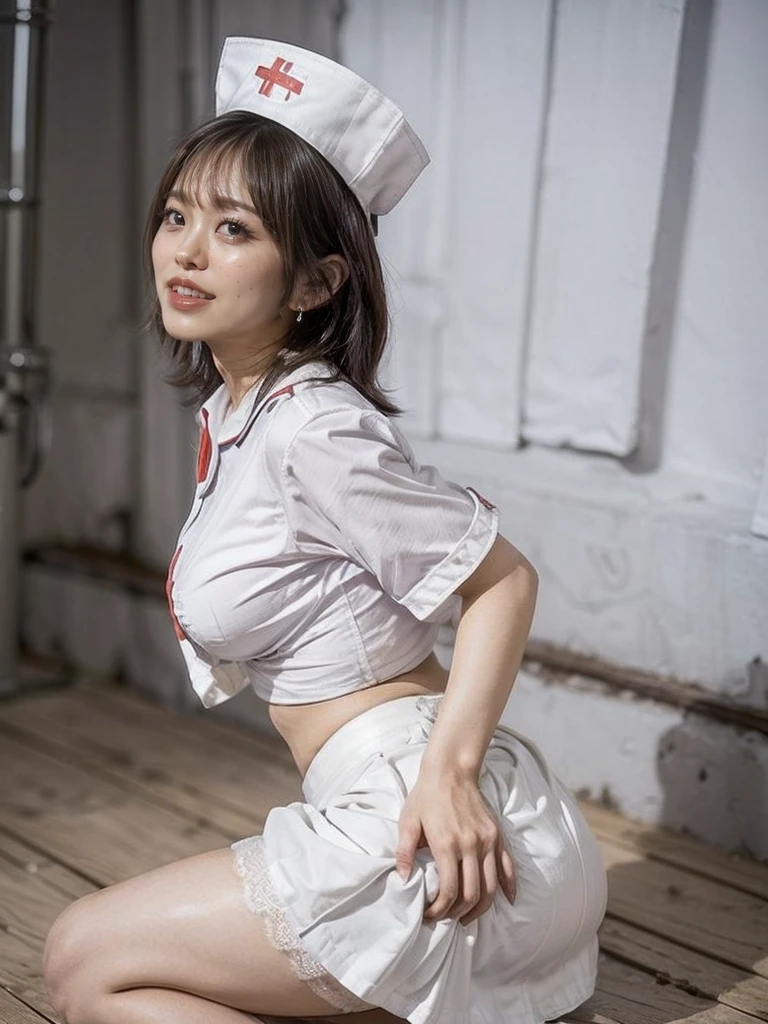 (highest quality、8k、Best image quality)、woman, 20-year-old, Short black wavy hair、((Wearing a white nurse's uniform:1.5))、((Wearing a tight white skirt:1.5))、((Are thin))、((from the back))、Cute Smile、((Poses that accentuate the buttocks、looked back))、Sexy Hips、(((Panties are visible)))、Cute Earrings、(Please tilt your head a little)、((Beautiful buttocks in shape))、Small breasts、Beautiful teeth、Squat、((Lace panties with attention to detail))、((Ultra low angle:1.5))