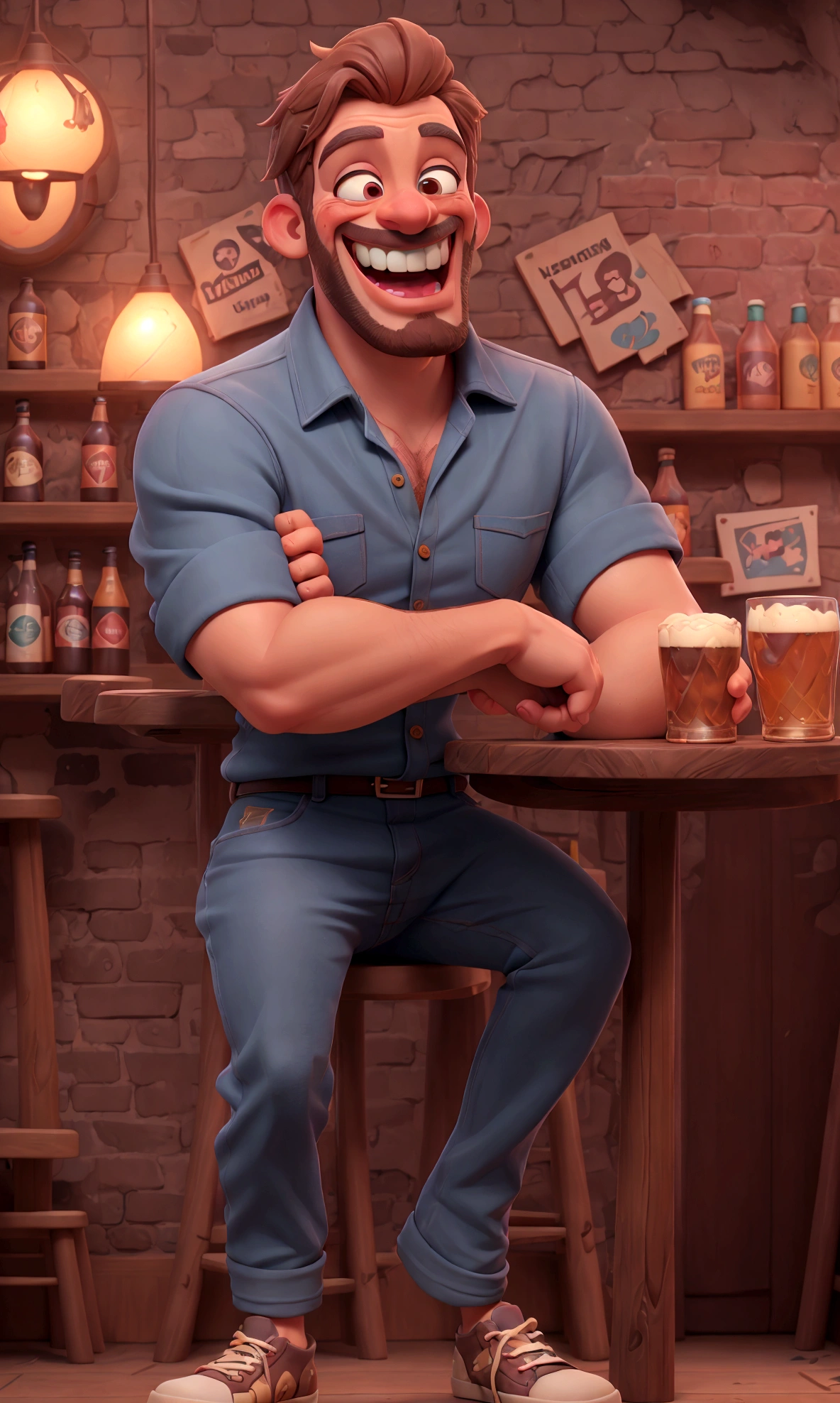 Create an image of a 35-year-old man named Alex in a lively bar. Alex is sitting in a wheelchair, with short brown hair, brown eyes, and a three-day beard. He is wearing a blue and white checkered shirt, jeans, and worn-out sneakers. Alex has a big smile on his face, with cheeks flushed from drinking. 

The bar has a cozy and vibrant atmosphere, with dim lighting and brick walls adorned with vintage photos and posters. Alex is sitting at a wooden table near the dark wooden bar counter, which is lined with colorful bottles on shelves and illuminated by neon signs. Other patrons are visible in the background, chatting and laughing. Alex is holding up a beer glass, smiling broadly, clearly enjoying himself despite being a bit tipsy.

