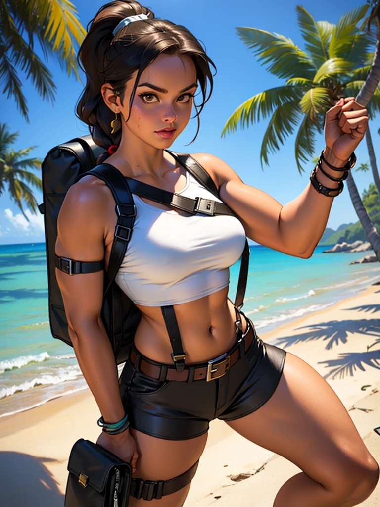 1 girl. Lara croft slim, large breasts, toned, athletic.holding machete. Brown hair in a long braided ponytail, brown eyes, wearing lara croft costume (light-blue halter-top, micro brown shorts, leather belt, tactical harness, canvas backpack.pistols.on a tropical beach.dynamic action pinup poses