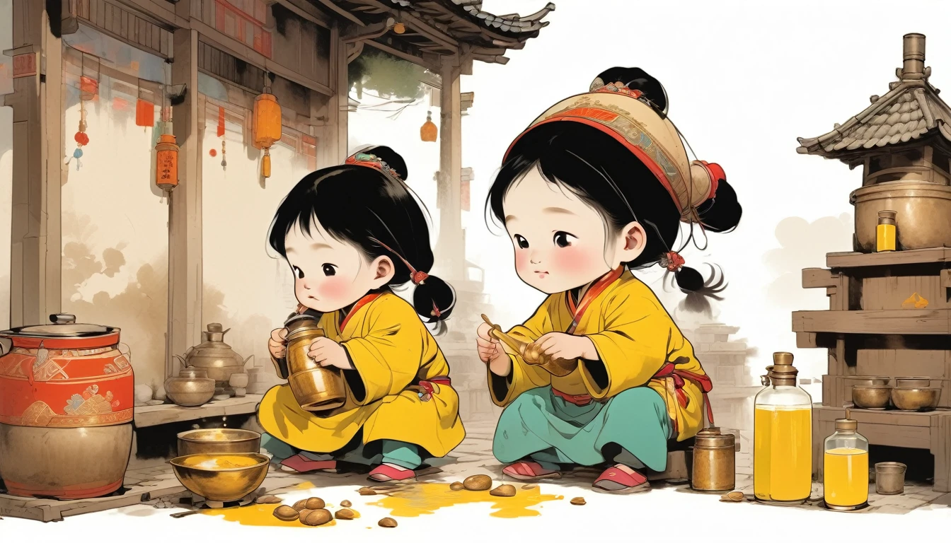 A Yao mother in Jianghua, Hunan, sits on a stool and pours peanut oil into the oil tank，My little daughter is helping out，Unique hat and clothing texture style of the Yao ethnic group，White background，Best quality，Flat illustration style，Photographic light，Size ratio
