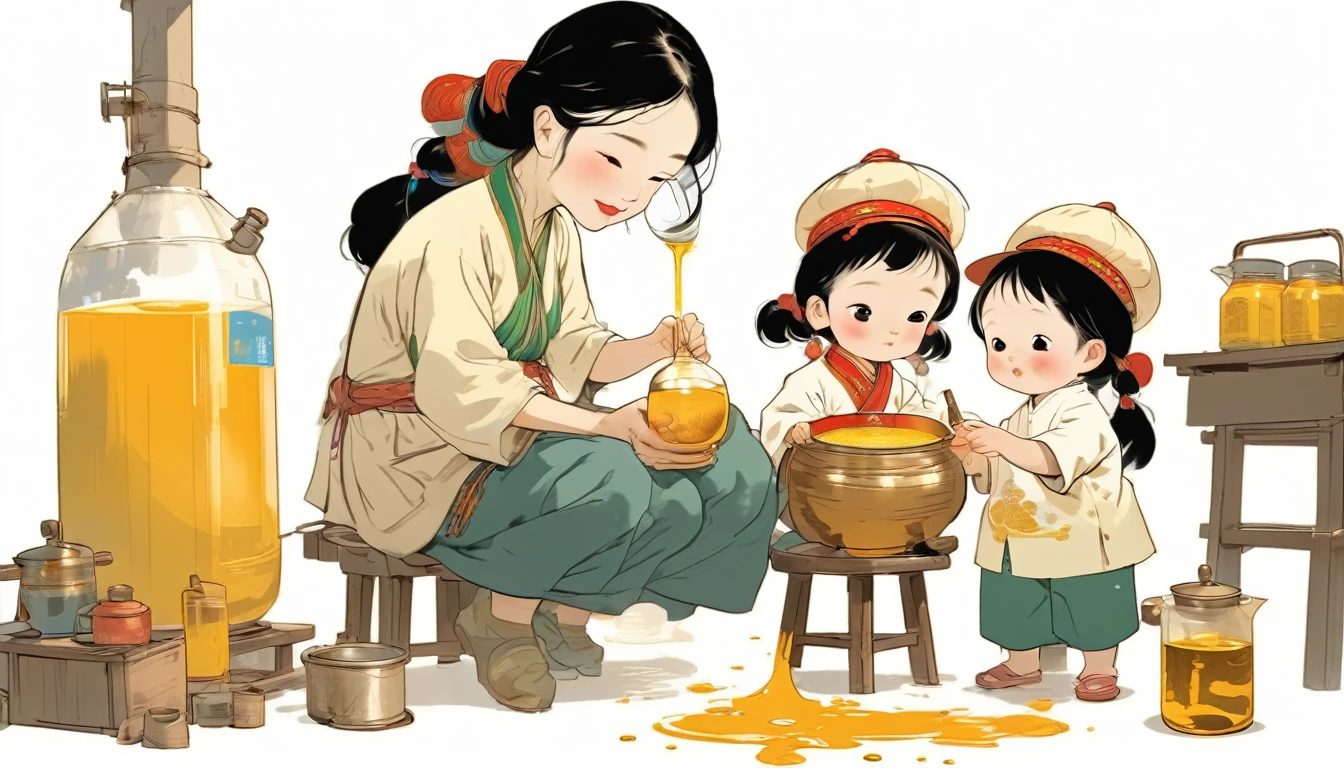 A Yao mother in Jianghua, Hunan, sits on a stool and pours peanut oil into the oil tank,My little daughter is helping out,Unique hat and clothing texture style of the Yao ethnic group,White background,Best quality,Flat illustration style,Photographic light,Size ratio