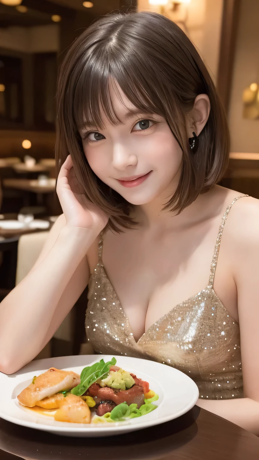 closeup shot , Best picture quality (8K, high resolution, Masterpiece: 1.2), super detailed,  215 Short Hair, 16-year-old woman, 

situation: Dinner time at a fancy restaurant。
clothing: Elegant dress and heels、Accessories are understated and elegant。
angle: Over the table、Front view of people enjoying dinner。Taking advantage of the candlelight and restaurant atmosphere、Create a romantic atmosphere。

, random cute pose ,big eyes ,Puffy eyes ,  Heart Pupil, blush  , huge shy smile , salute
