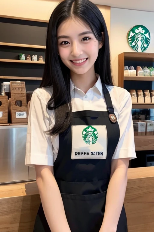 Black Hair　sleek long hair　22 years old　double　double teeth　mischievous  smile　Wise eyes big ears  refreshing　Natural Makeup　Ultra-realistic　Starbucks ribbed knit and apron　skinny pants　Mole　Starbucks Employee　　she&#39;Brewing coffee　stylish　Height 160cm three size: 82.57.79