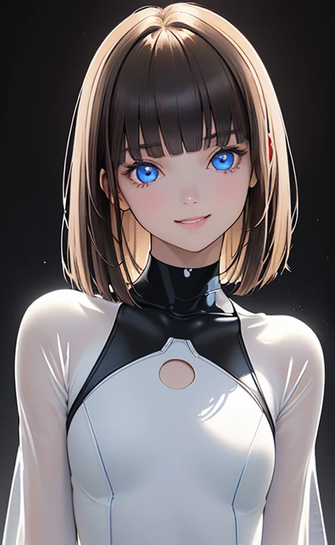 (Photorealistic:1.4)、(,20-year-old:1.5),(masterpiece、Blue lighting:1.5、Blue lens flare:1.5、Blue spot light:1.2、Exquisite beautiful eye:1.5,portlate),(kind eyes、tareme:1.9),(Illuminated by blue lighting:1.5)
、Cute Face、 3D Face、(light brown hair:1.5)、(pixie cut),(sidelock :1.5),(blunt bangs:1.3),(1 woman)、(Red eyes:1.2)、(upper body:1.5)、(clear face:1.5)、(head tilt) ,(Cute face:1.2),(flat chest),(),kind face,(white Bodysuit with cut out),(black background:1.5)、()、()、 Neat and clean、Adorable、Demure,Slim Body(),Shiny Hair、()、Nijisketch,Manga,smiley face, grin