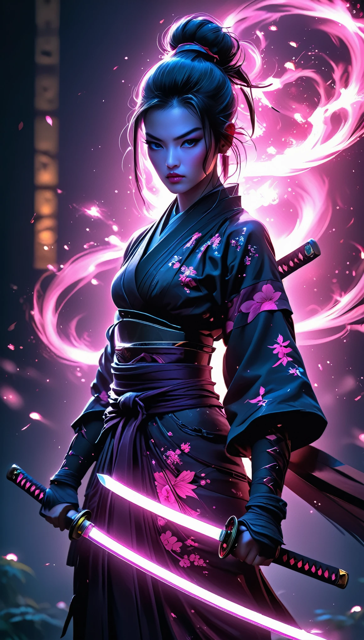 Samurai, 25yo woman, hyperrealism, very detailed skin, 4k,,, AshleyWoodArtAI,, katana profile picture, Organic Painting, night time, Matte Painting, bold shapes, hard edges, street art, trending on artstation, by Huang Guangjian and Gil Elvgren and Sachin Teng, Glow, katana