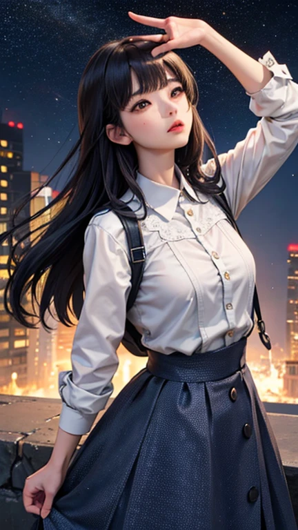 masterpiece, top quality, super detailed, high resolution, (realistic, photorealistic:1.37), excellent anatomy, beautiful 1 woman, black skirt, brown hair, building, city, cityscape, hair between eye, jacket, looking in audience, moderate hair, multicolor hair, night, off shoulder, outdoor, pleated skirt, road, skyscraper, smile, solo, in concentrated, street, white shirt, best light, best shadow, mysterious, perfect face, highly detailed,
