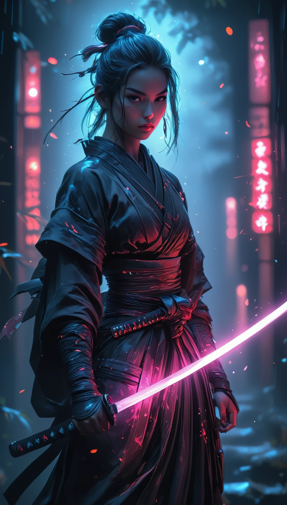 Samurai, 25yo woman, hyperrealism, very detailed skin, 4k,,, AshleyWoodArtAI,, katana profile picture, Organic Painting, night time, Matte Painting, bold shapes, hard edges, street art, trending on artstation, by Huang Guangjian and Gil Elvgren and Sachin Teng, Glow, katana