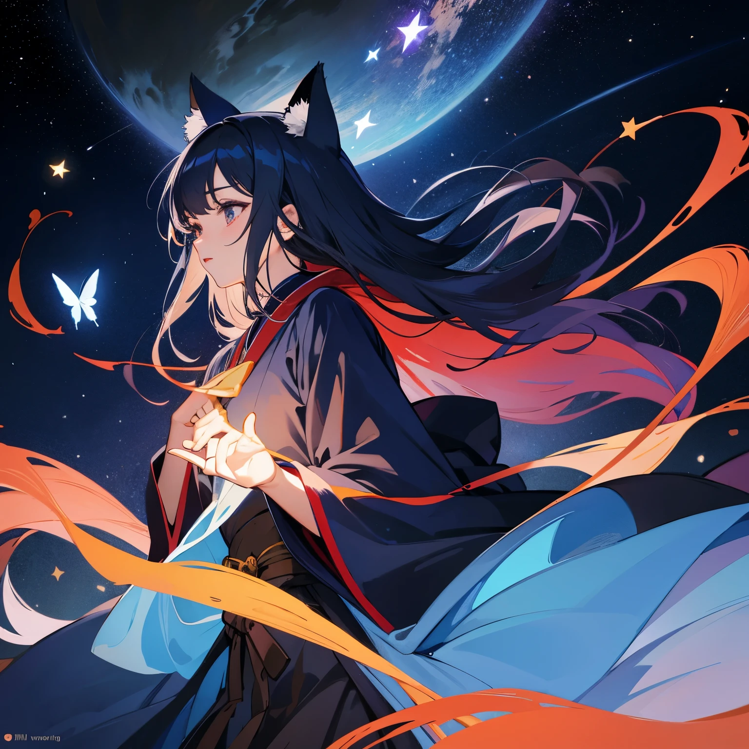 ((Super detailed)),((illustration)),((master paintings)),(((distressed))),((Beautiful and delicate eyes)),(Extremely detailed CG Unity 8K wallpapers,best quality,master paintings),((4K,master paintings,best quality)),A woman who feels like a sister but a little mature,dark purple long hair,Long hair to waist,loose hair,shawl,red eyes,(the only person),Cat ear, The night sky is full of stars,The left hand is slightly raised,There is a ring on the ring finger of the left hand,Dark Blue Oversized Swing Princess Long Japanese Dress,Wearing a large navy blue trench coat,There are stars hidden under the skirt,cloak,Dark blue butterflies dance around you,theater background,Star Curtain,Wearing a dark blue veil with stars,sling,on his right hand, He wears gradient blue star gloves,Smaller eyes,(pretty face:1.2),(thinning hair:1.2),((Gorgeous starry sky background)),sit with the stars,The stars are soaring beneath your feet,Stepping on a black hole,dark blue boots