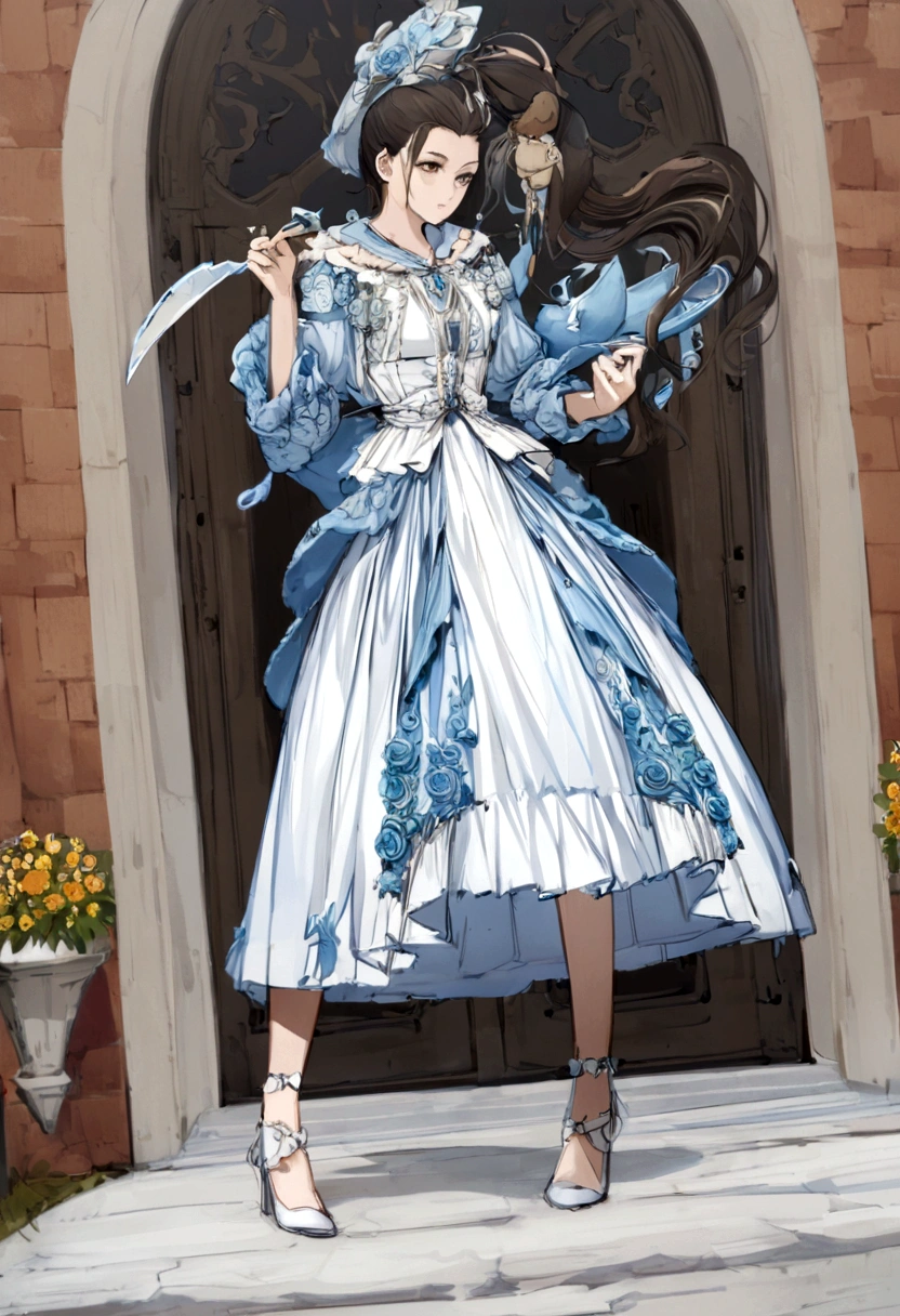 (ponytail forehead hair pulled back:1.3) (black hair:1.3), arafed woman in a blue dress and hat holding a sword, loose coat collar sailor uniform, rococo dress, rococo ruffles dress, lolita fashion, fantasy style clothing, victorian blue dress, lolita style, costume with blue accents, victorian style costume, imperial royal elegant clothing, astral witch clothes, aristocratic clothing, magic uniform university, style of magical girl