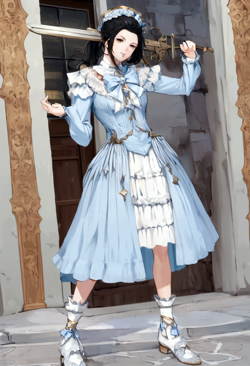 (ponytail forehead hair pulled back:1.3) (black hair:1.3), arafed woman in a blue dress and hat holding a sword, loose coat collar sailor uniform, rococo dress, rococo ruffles dress, ta fashion, fantasy style clothing, victorian blue dress, lolityle, costume with blue accents, victorian style costume, imperial royal elegant clothing, astral witch clothes, aristocratic clothing, magic uniform university, style of magical girl