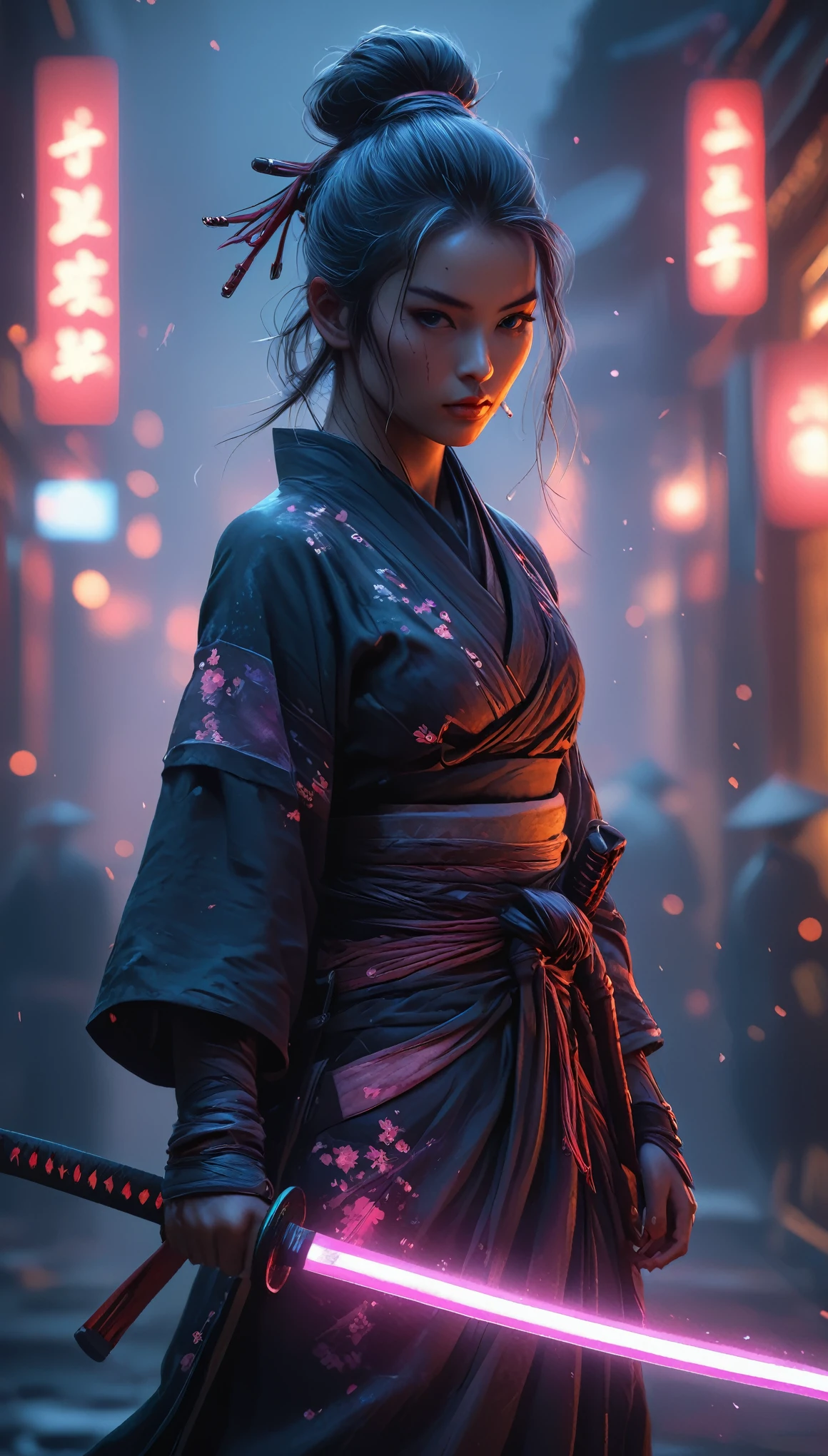 Samurai, 25yo woman, hyperrealism, very detailed skin, 4k,,, AshleyWoodArtAI,, katana profile picture, Organic Painting, night time, Matte Painting, bold shapes, hard edges, street art, trending on artstation, by Huang Guangjian and Gil Elvgren and Sachin Teng, Glow, katana