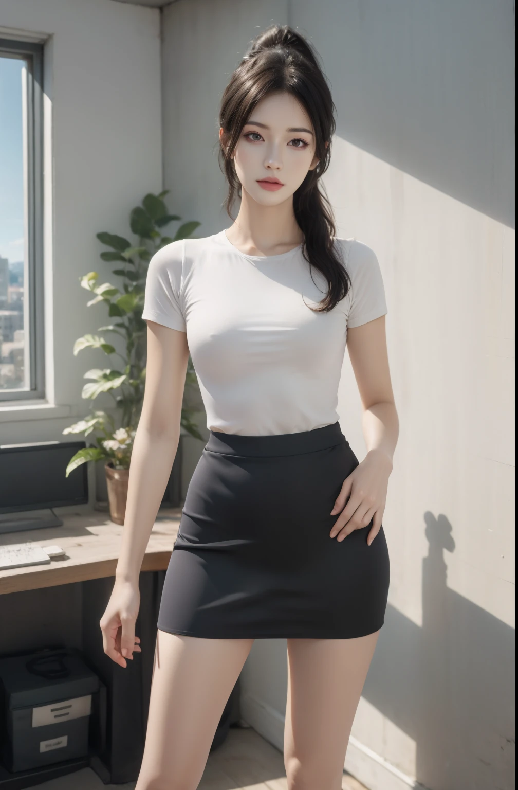 masterpiece, best quality, Official Art, Extremely detailed CG unified 8k wallpaper, (()), cap, in office, long hair, Single ponytail, What's the big deal, Mature woman, black, Pantyhose,(Pencil Skirt), Eero 404, ((Long legs)),(巨What's the big deal)