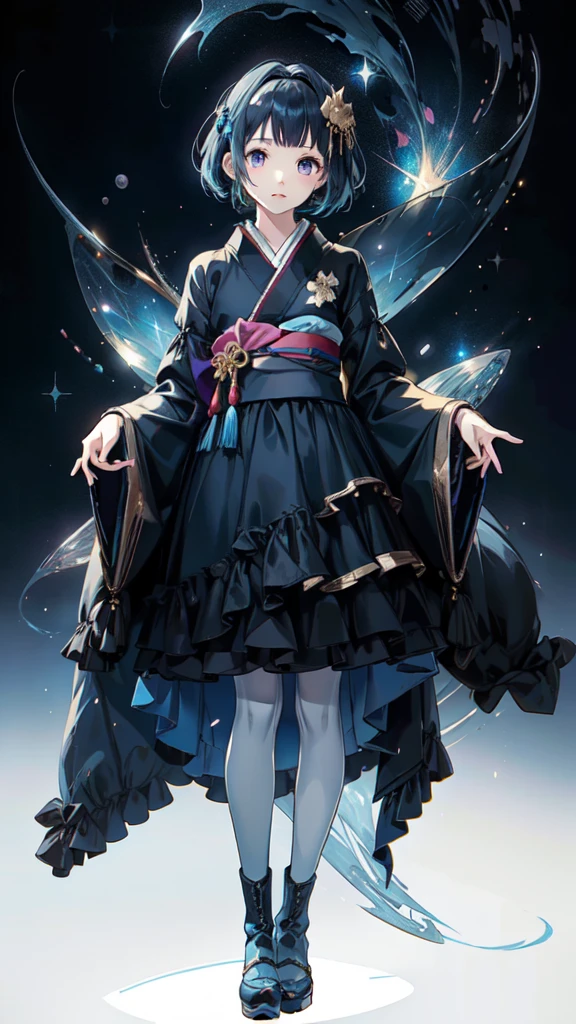 (((1girl)))、Star Fairy、vtuber-fullbody、(((highest quality、Masterpiece、The best composition、Golden Ratio、Official Art、Super detailed、Super detailedな目)))、ultra detailed, from front, headshot、 blue and white hair color、Short bangs above eyebrows、Short Hair、Standing in front of the viewer、A galaxy patterned outfit made from a remake of kimono and gothic lolita, with dark blue and light blue as the main colors.、The sleeves are long and the hands are hidden、Knee-high boots、Pure white simple background、