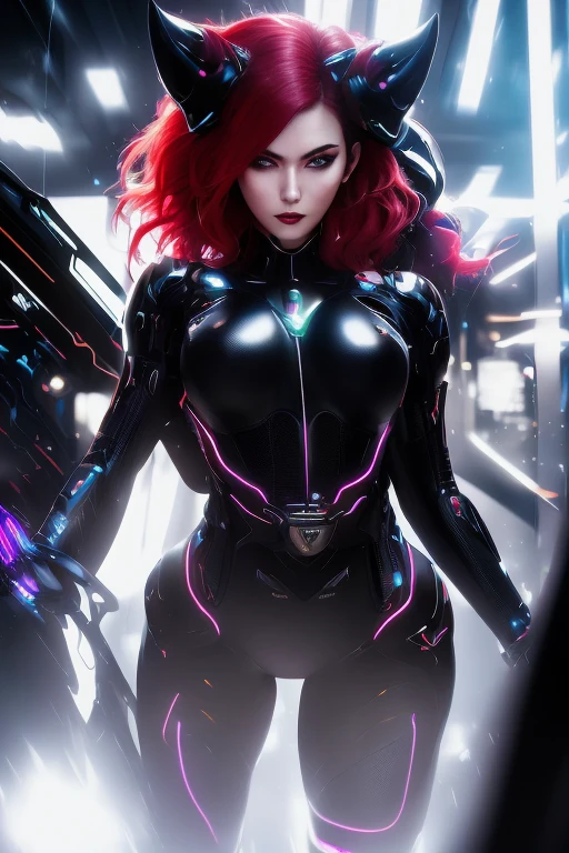 open A time-traveling female, her sleek form draped in shadows and fueled by a pulsating beat. She moves through the neon-lit cityscape with a sultry grace,red hair, black fur fluffy belt, her cybernetic enhancements gleaming under the artificial glow. This image is a digitally-rendered portrait, capturing every intricate detail with stunning realism. The sleek lines and vibrant colors bring her to life, evoking a sense of mystery and seduction. This high-quality image immerses viewers in a futuristic world of darkwave intrigue.