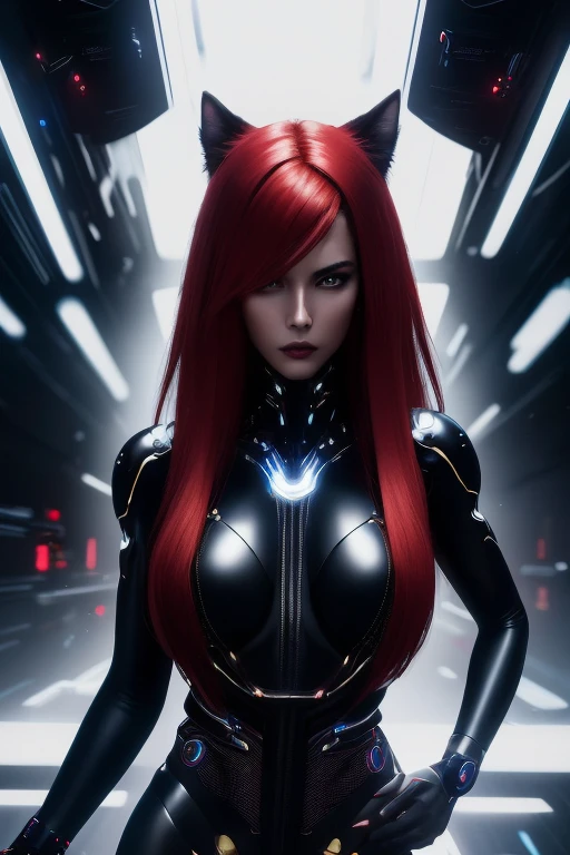 open A time-traveling female, her sleek form draped in shadows and fueled by a pulsating beat. She moves through the neon-lit cityscape with a sultry grace,red hair, black fur fluffy belt, her cybernetic enhancements gleaming under the artificial glow. This image is a digitally-rendered portrait, capturing every intricate detail with stunning realism. The sleek lines and vibrant colors bring her to life, evoking a sense of mystery and seduction. This high-quality image immerses viewers in a futuristic world of darkwave intrigue.