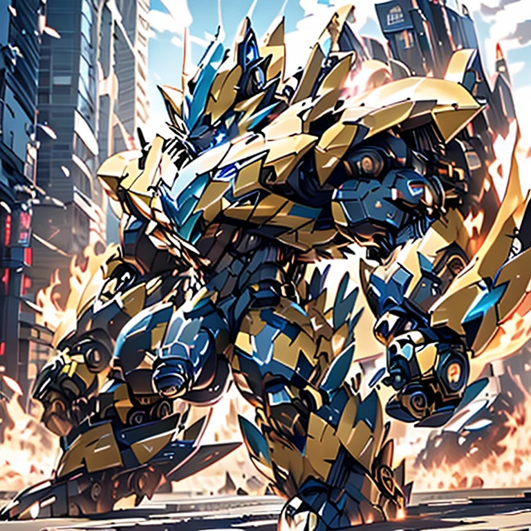 (ZERAORA, 8K), giant mechanical Muscular Zeraora is trampling the city, NSFW, Additional details: (masterpiece, official art, 8k, best quality) terrifying and imposing design, (smoke and flames rising from the destruction in the background, a lone figure) (high-tech bio-mecha armor, real texture material), (gigantic muscles, Gigachad Muscular, big muscle, pecs, triceps, traps, unusually developed muscular body, body full of huge muscles. showing off muscles, pectorales enormes, Exaggeratedly huge muscles.),(Spread wings, It has wings, have big wings, golden wings), (whole body shines like metal, Wearing cyberpunk mecha, emphasizes the muscles, suit fully made of metal, intricate armor, Robotic suit, suit fully made of metal, cyborg), (giant zeraora, Zeraora's giant robot, Powered exoskeleton with the same design as Zeraora), (Masterpiece, highres) (Detailed head, Detailed Body, Detailed abs, full body), (black color hyper penis, hyper black penis),