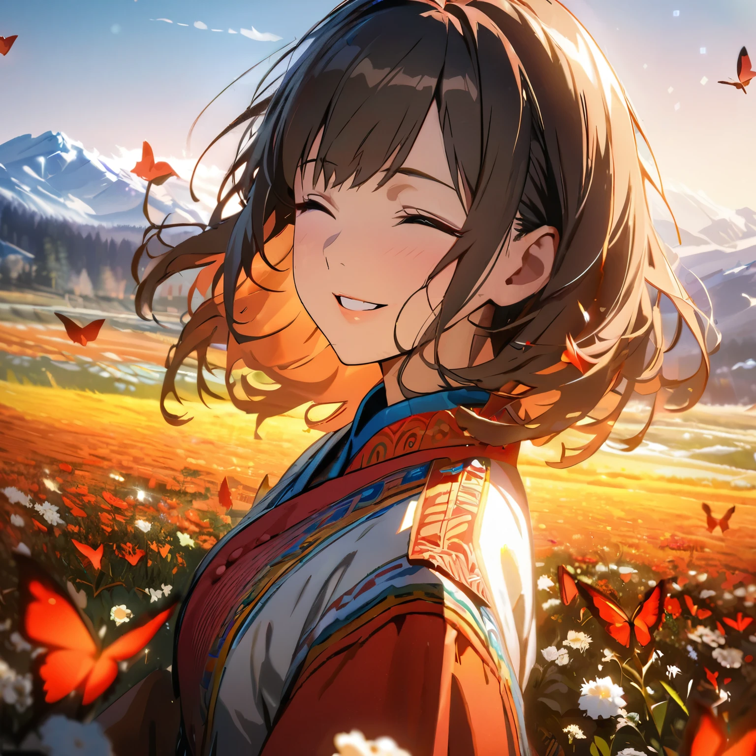 (best quality,8k,highres, masterpiece:1.2), ultra-detailed, HDR, UHD, studio lighting, ultra-fine painting, sharp focus, physically-based rendering, extreme detail description, professional, vivid colors, bokeh, portraits, concept artists, warm color palette, dramatic lighting,A cluster of small white flowers in the pasture, red butterflies flying in flocks, sunny early morning, see a snow-capped mountain range in the distance, blue sky, 1 girl in Mongolian national costume, happy smile, close eyes,(anime style), red butterflies cover the flower field,