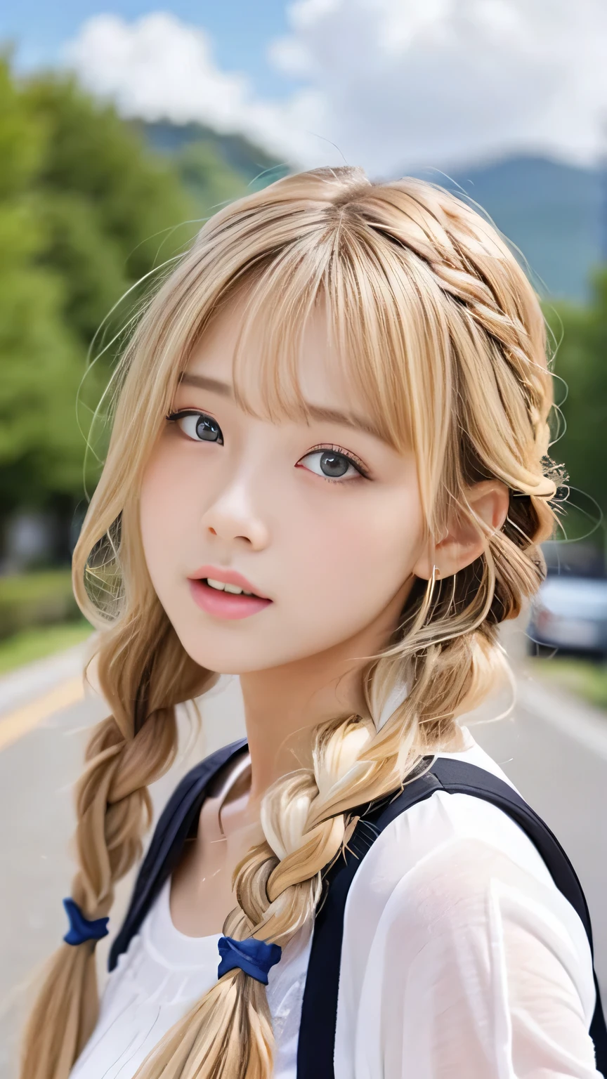 Sexy Big 、Sexy cute looks and cute 15 year old beautiful girl, beautiful and sexy face、A strong wind blows my hair in front of my face、beautiful long blonde French braided hair、beautiful, Cute and sexy eyes hidden behind long bangs、Yawn、