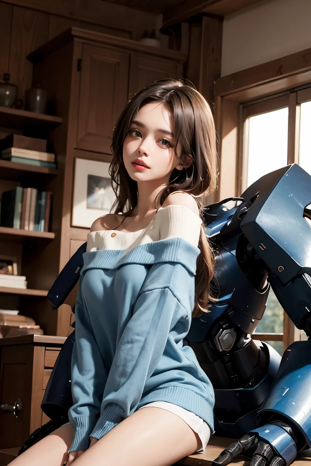 ((best quality)), ((masterpiece)), (detailed), 1 Girl, Off-shoulder sweater, Mecha