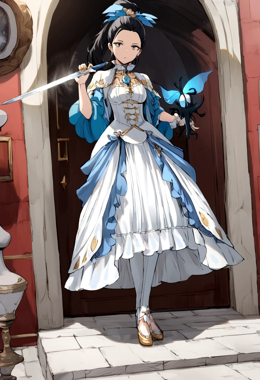 (Daisaku),(Need),(Super meticulous),(full bodyesbian:1.2), (ponytail forehead hair pulled back:1.3) (black hair:1.3), arafed woman in a blue dress and hat holding a sword, loose coat collar sailor uniform, rococo dress, rococo ruffles dress, lolita fashion, fantasy style clothing, victorian blue dress, lolita style, costume with blue accents, victorian style costume, imperial royal elegant clothing, astral witch clothes, aristocratic clothing, magic uniform university, style of magical girl, (beautiful detailed face),(Beautiful and delicate eyes),