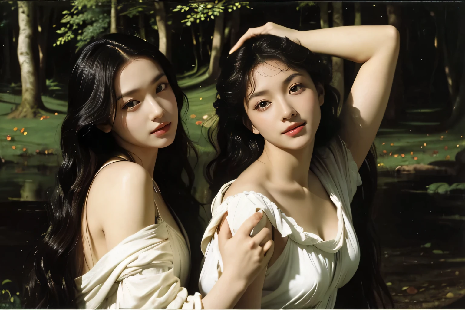 Giorgione painting style,Barbizon forest A beautiful woman in Greek dress smiles on the shore,Sweet and seductive appearance.、Caravaggio's paintings、Chiaroscuro of Caravaggio、hair tousled by the wind,Two women frolicking,cute smile, expression of ecstasy,Sexy,erotic, full body portrait