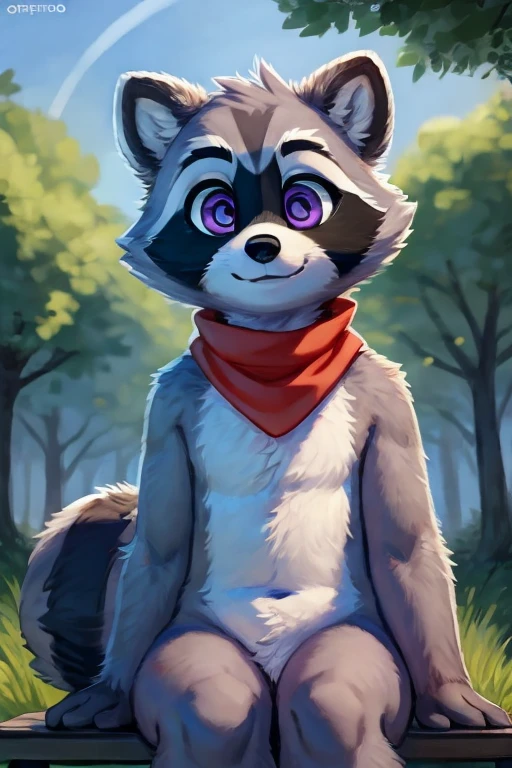 Rambley racoon is raccoon mascot, he lives inside of networks and code, making his appearances on tv screens and monitors, 
 he has a tall big chubby body and  raccoon hands, his feet are also roughly the same size as his hands, being cute, his fur a light grey, and the fur on his hands and feet black, he has a cute little bushy raccoon tail with stripes running down it, and a lighter grey patch running from his neck to around his belly, he has puffy little cheeks and pointy little raccoon ears, his eyes are a shiney purple with lighter grey fur surrounding them, he has a cute and derpy little nose and mouth, surrounded by similar grey fur to the fur around his eyes, as well as a long black patch running from left to right in between his eyes and nose, he has a  red bandana like red scarf that he wears around his neck,  monitor screens, , looking at viewer, big chest, day,, s ensual, detailed, uploaded to e621, beautiful an d detailed portrait of an anthropomorphic, (((m ale))) uploaded to e621, zaush, foxovh, movie li ghting, thicc, alone, detailed, 8k res, hires, detai led eyes, good anatomy, good perspective, tow ards viewer, by bebebebebe, by sicklyhypnos, b y gerkk, by orf, nice hands, perfect hands, happ y, romantic, ray tracing lighting, rtx on, By Bebe bebebe, by SpiritD, by KOBITOWANI, best qualit y, masterpiece, perfect anatomy, detailed pictur e)), 1femboy, outside in a park that has a sunny day with sitting down on a park bench