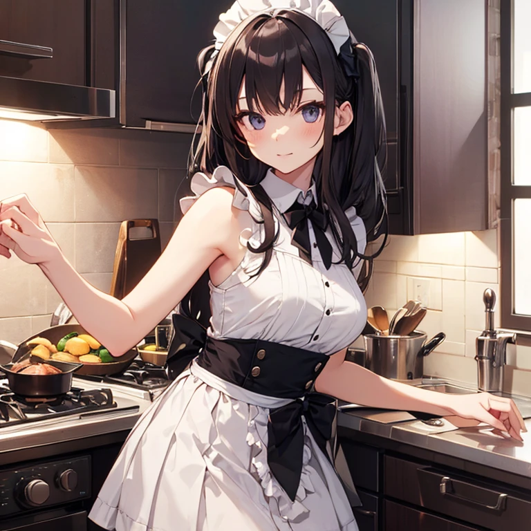 A maids, (in kitchen), various hair styles, night, details face, short skirt, seducing, sleeveless, maid uniform, armpits