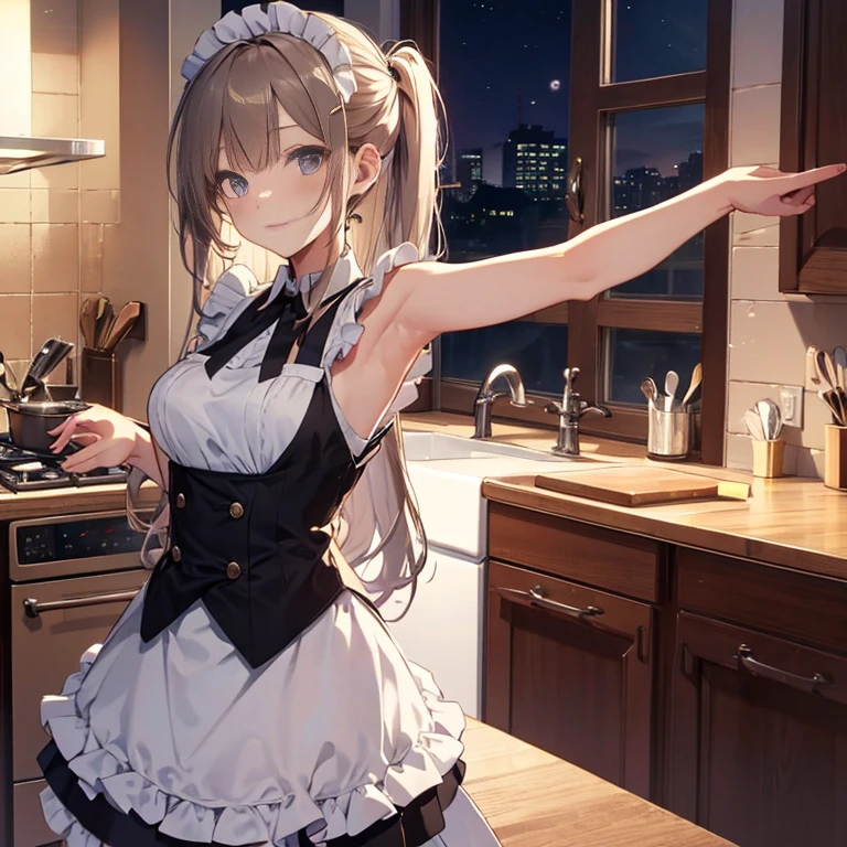 A maids, (in kitchen), various hair styles, night, details face, short skirt, seducing, sleeveless, maid uniform, armpits