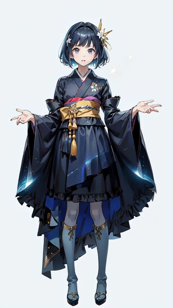 (((1girl)))、Star Fairy、vtuber-fullbody、(((highest quality、Masterpiece、The best composition、Golden Ratio、Official Art、Super detailed、Super detailedな目)))、ultra detailed, from front, headshot、 blue and white hair color、Short bangs above eyebrows、Short Hair、Standing in front of the viewer、A galaxy patterned outfit made from a remake of kimono and gothic lolita, with dark blue and light blue as the main colors.、The sleeves are long and the hands are hidden、Knee-high boots、Pure white simple background、