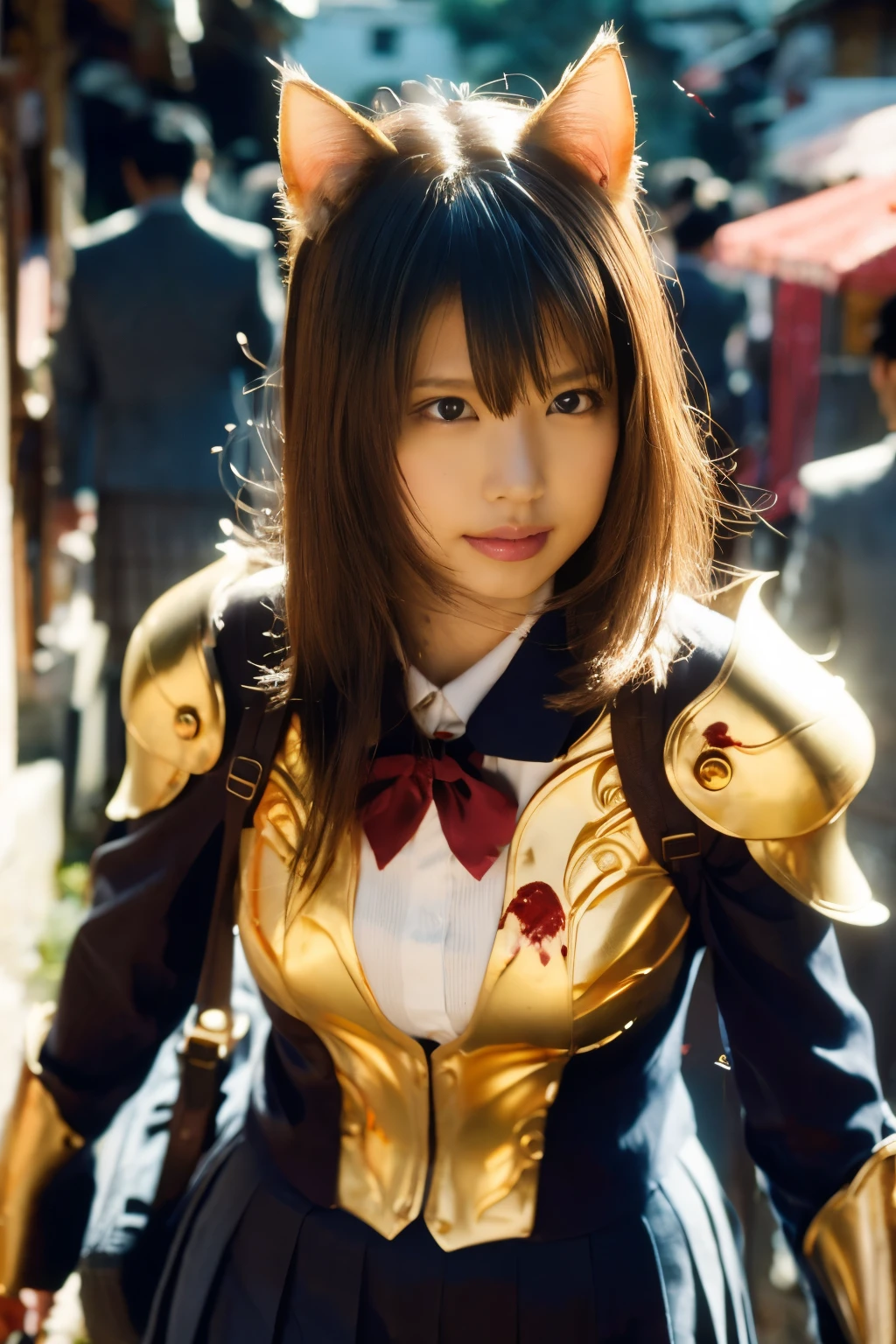 masterpiece, best quality, crisp detail, high definition, kasumi arimura, (cat ears:1.4),(fully decorated golden armor school uniform:1.5), fighting stance, dirty, sweating, (blood scattered:1.4), bloodbath, carnage, fire everywhere, smoke everywhere, blood everywhere, death everywhere, japan bakumatsu period, (dead bodies, carcass, ,fire, smoke, burned japanese castle village, hell) , (traditional village background)