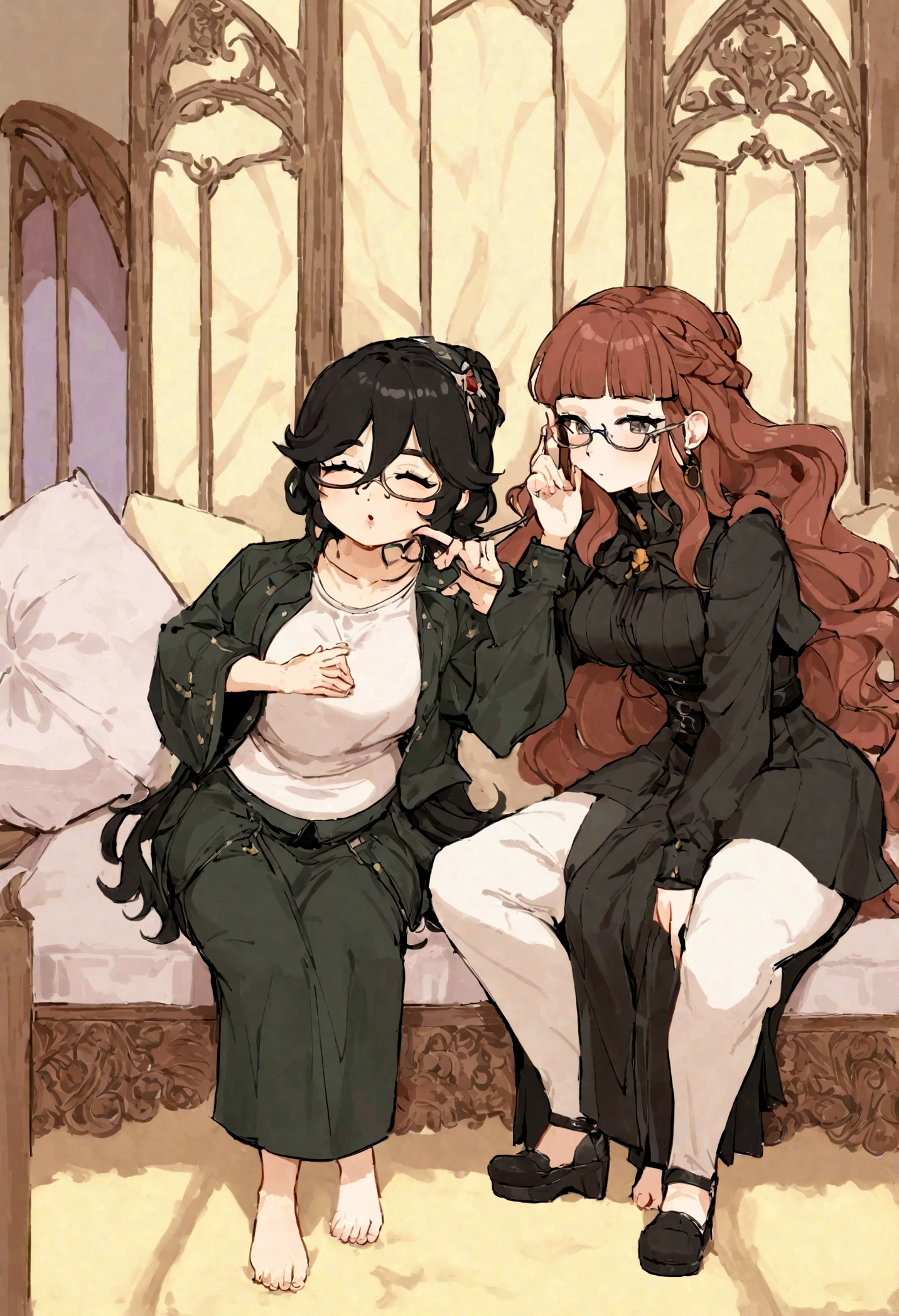 two lesbian women who are a couple. uma com o cabelo preto e cacheado pequeno, de cor branca, baixinha, wears glasses and uses rocker accessories. the other woman is fat, de cabelo ruivo, no ombro de cor parda
