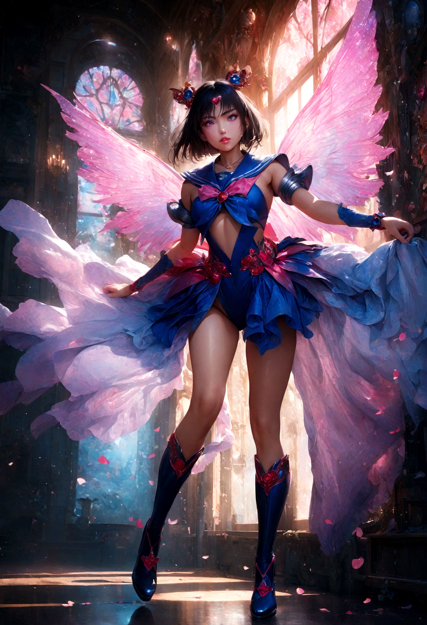 (sensual Midwest Emo:1.3) angel, full body, [:intricate costume design,:0.2], official art, (asian:1.3), creepy crimson lighting , in  London, bombshell hair, black hair, Pin Curls, group hug