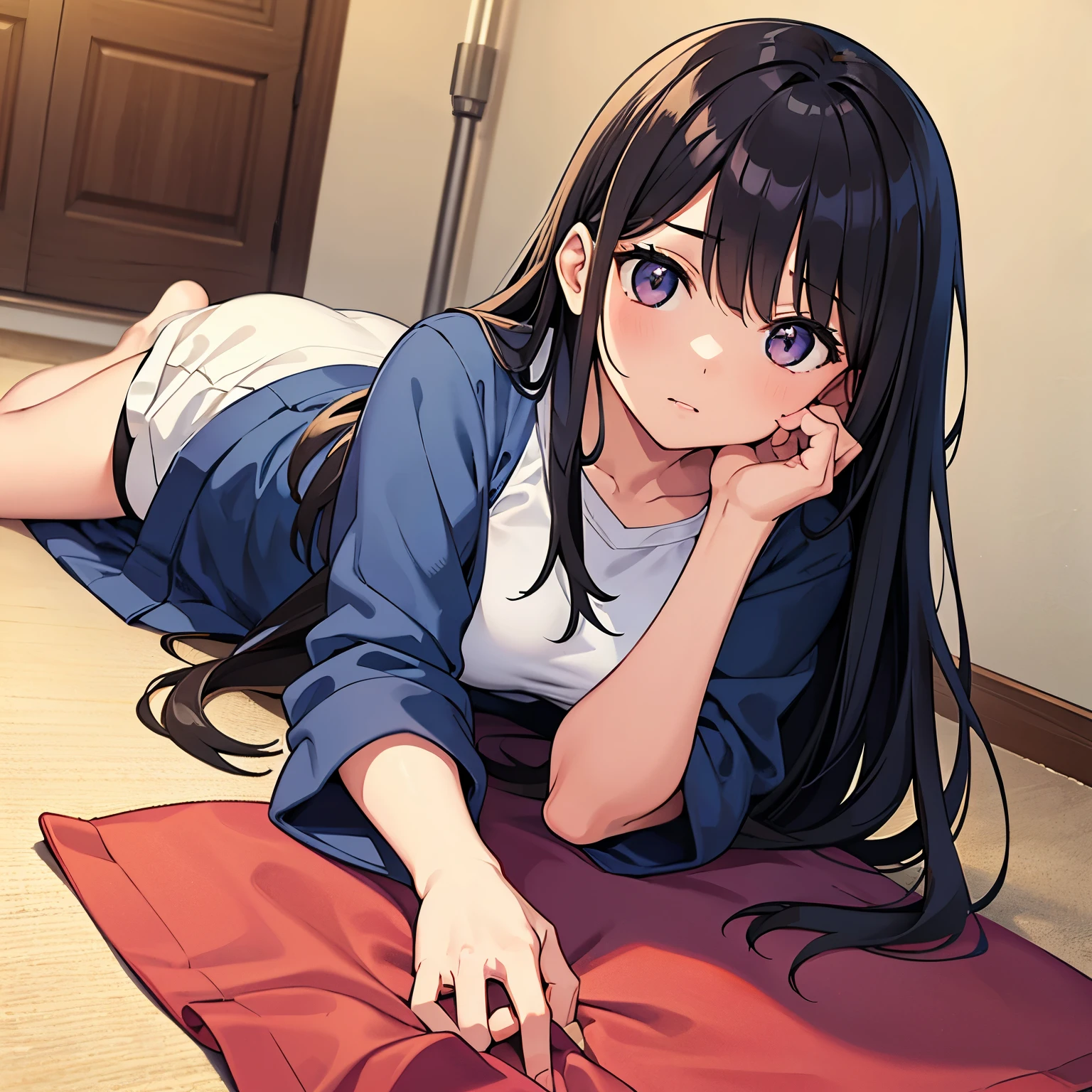A young woman with dark hair who has dropped out of elementary school, has been a recluse for many years, is unemployed, and is bedridden with depression, and lies down all day