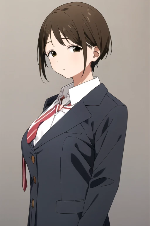 masterpiece, High resolution, One girl, Brown eyes, Brown Hair, KeiTanigawaR4, , Simple Background, Upper Body, White Background,(Huge breasts:1.8)、White shirt、Red tie、Navy Pleated Skirt、Straight Bangs、Wear a navy blue blazer jacket unbuttoned