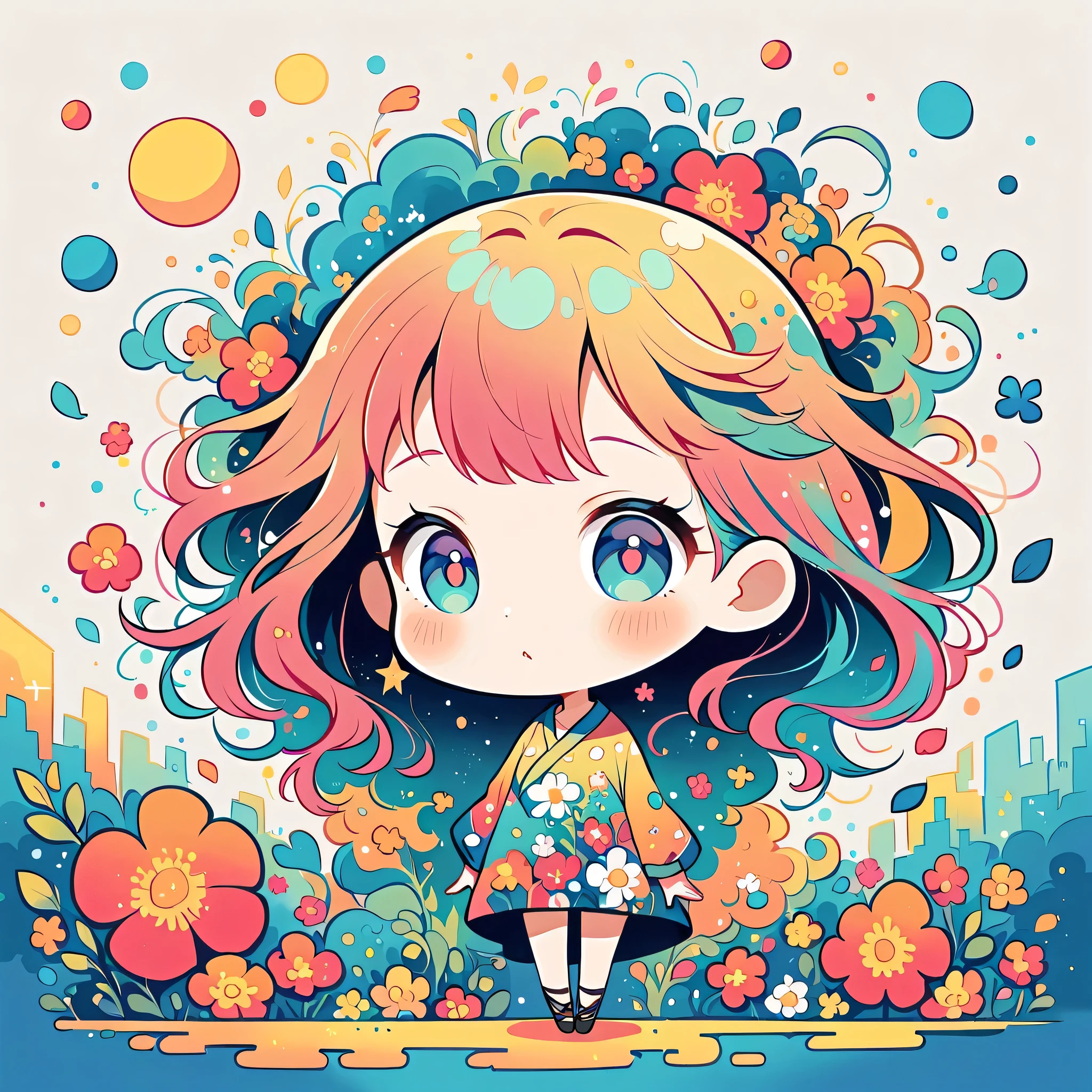 Watase Seizo style, Standing in front of a high wall，Simple Line Initialism，Abstract art，Urban Background, (((The most beautiful girl))), (((chibi))), colorful flowers