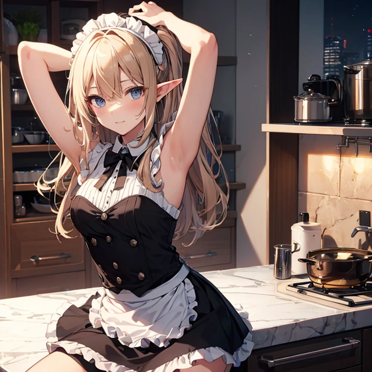 A maids, (in kitchen), various hair styles, night, details face, short skirt, seducing, sleeveless, maid uniform, armpits, elf