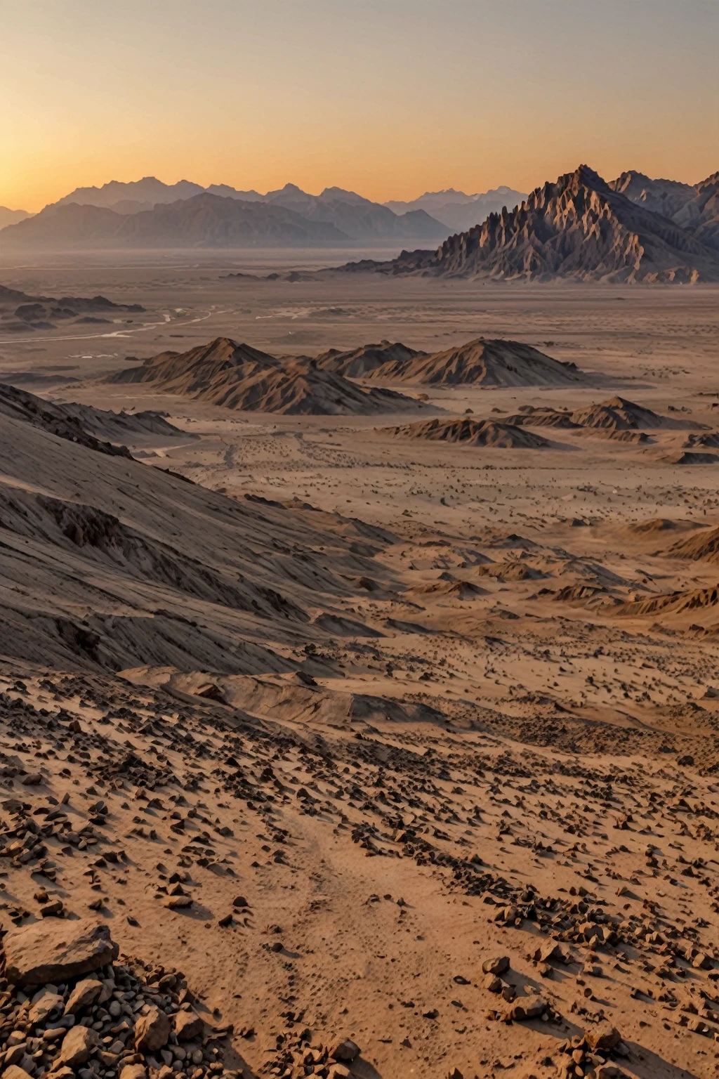 Sunset over a barren wasteland with tall mountains