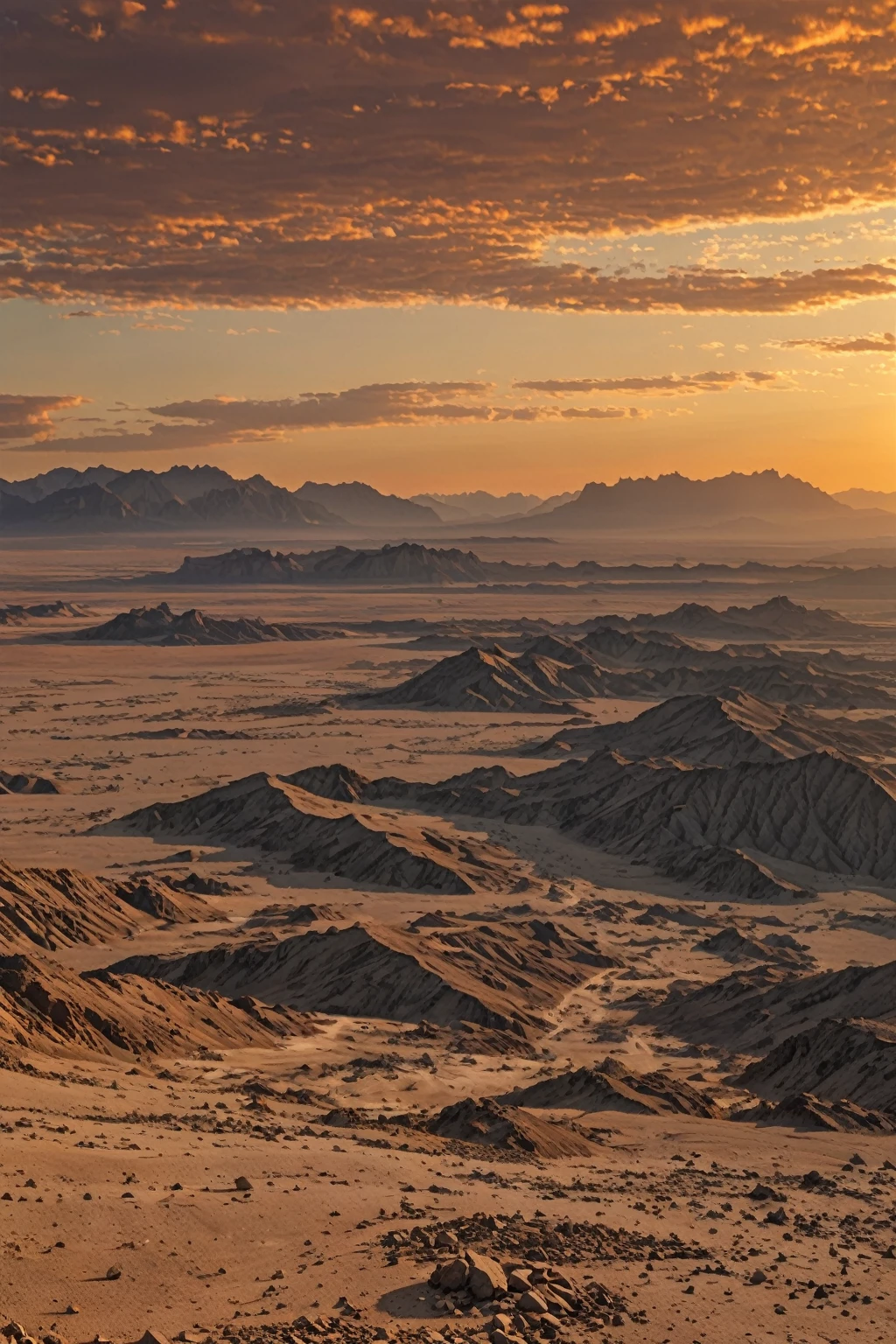 Sunset over a barren wasteland with tall mountains