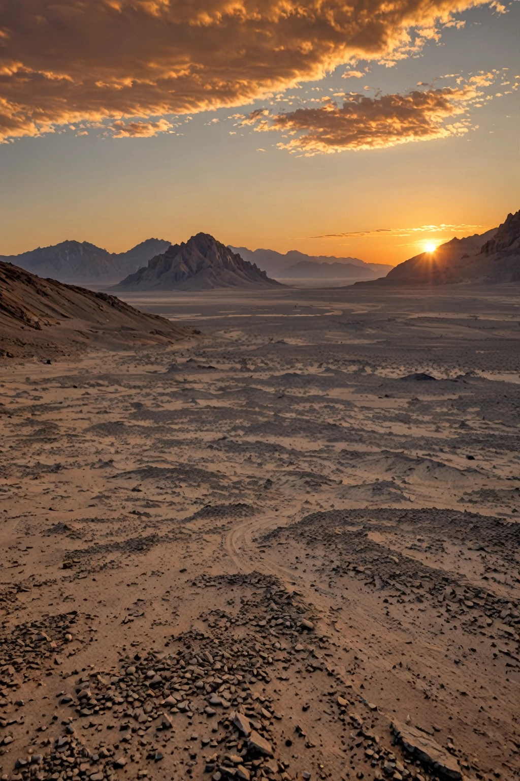 Sunset over a barren wasteland with tall mountains