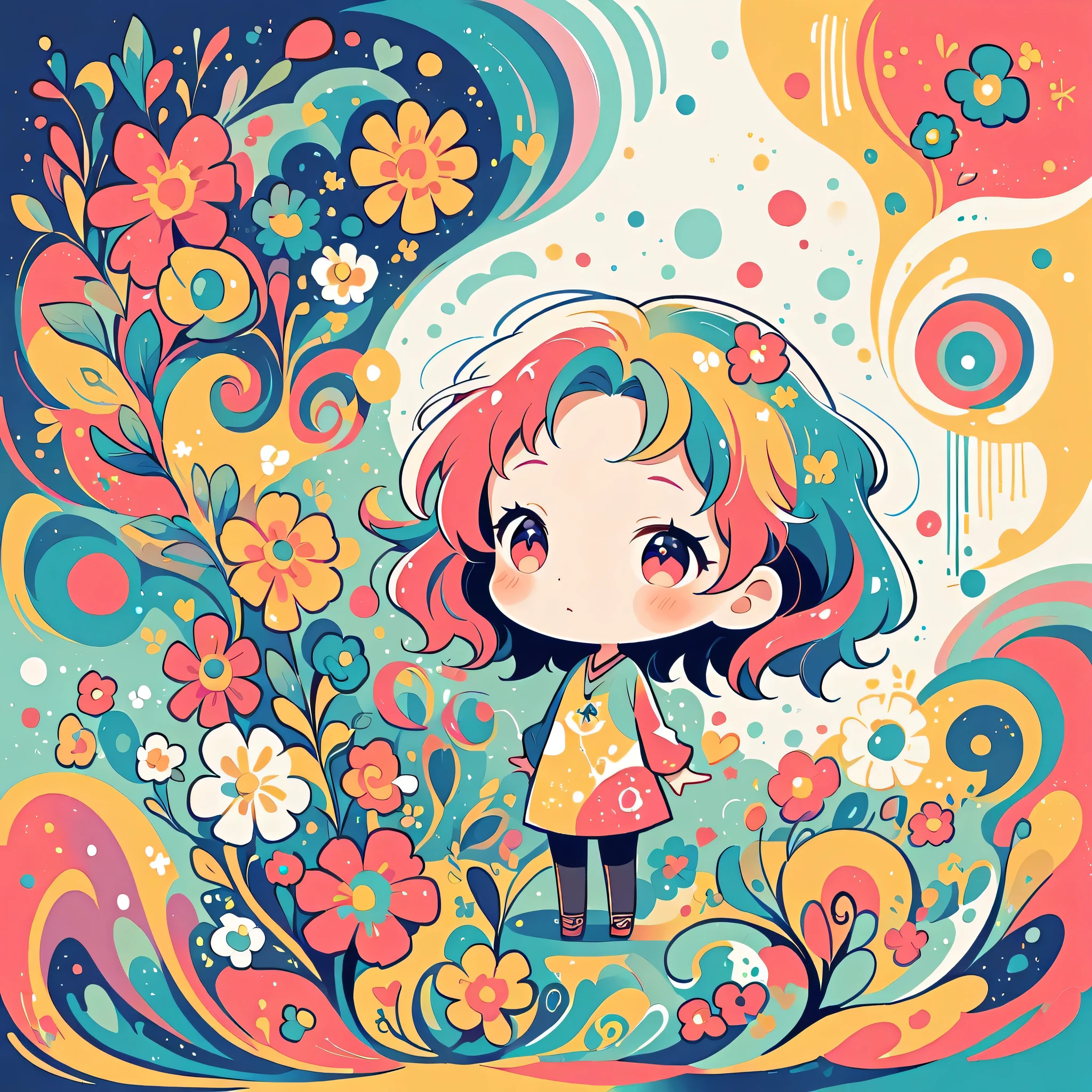 Watase Seizo style, Standing in front of a high wall,Simple Line Initialism,Abstract art,Urban Background, (((The most beautiful girl))), (((chibi))), colorful flowers