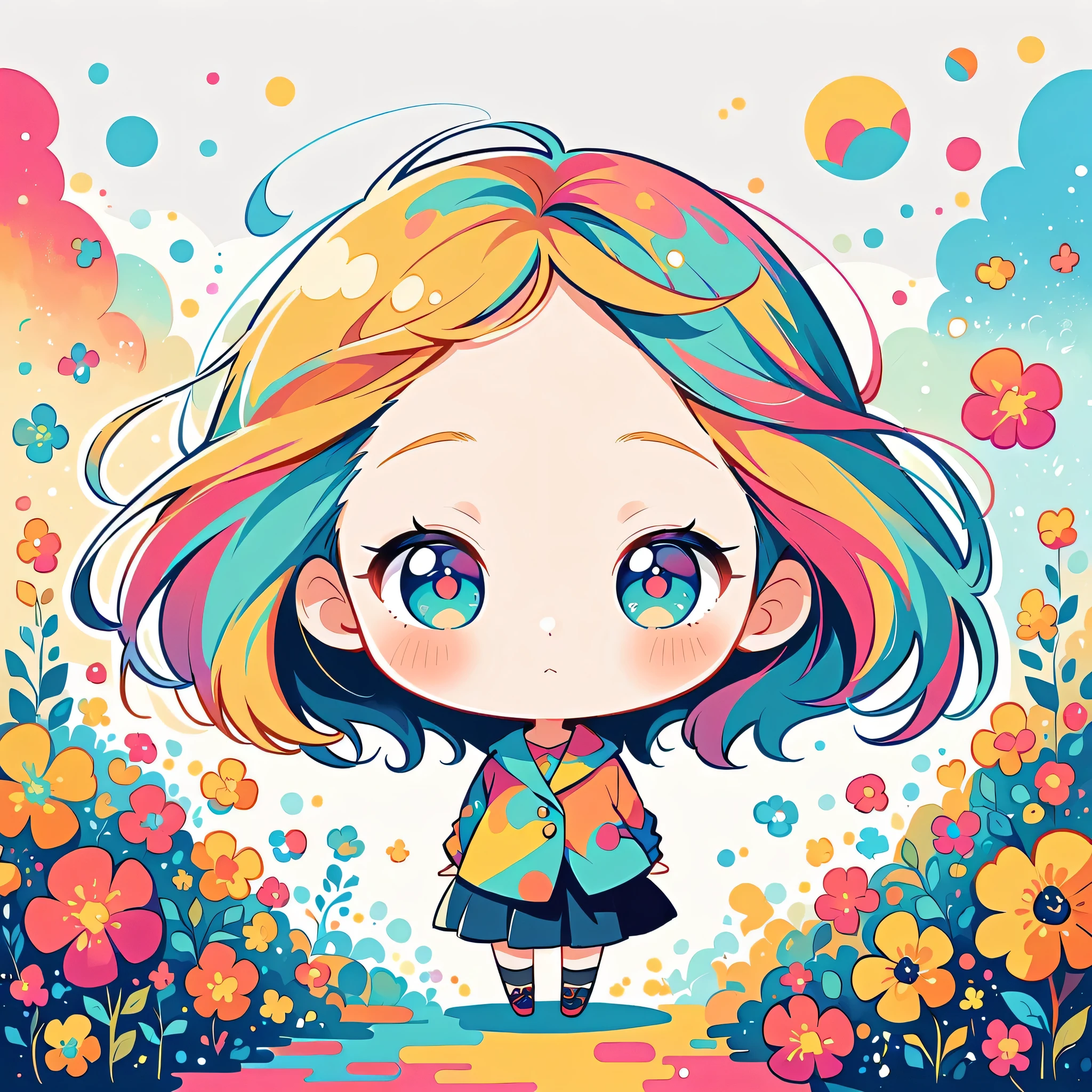 Watase Seizo style, Standing in front of a high wall,Simple Line Initialism,Abstract art,Urban Background, (((The most beautiful girl))), (((chibi))), colorful flowers