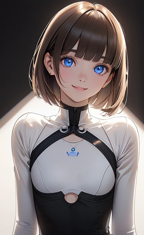 (Photorealistic:1.4)、(,20-year-old:1.5),(masterpiece、Blue lighting:1.5、Blue lens flare:1.5、Blue spot light:1.2、Exquisite beautiful eye:1.5,portlate),(kind eyes、tareme:1.9),(deep shadows:1.5)
、Cute Face、 3D Face、(light brown hair:1.5)、(pixie cut),(sidelock :1.5),(blunt bangs:1.3),(1 woman)、(Red eyes:1.2)、(upper body:1.5)、(clear face:1.5)、(head tilt) ,(Cute face:1.2),(flat chest),(),kind face,(white Bodysuit with cut out),(black background:1.5)、()、()、 Neat and clean、Adorable、Demure,Slim Body(),Shiny Hair、()、Nijisketch,Manga,smiley face, grin