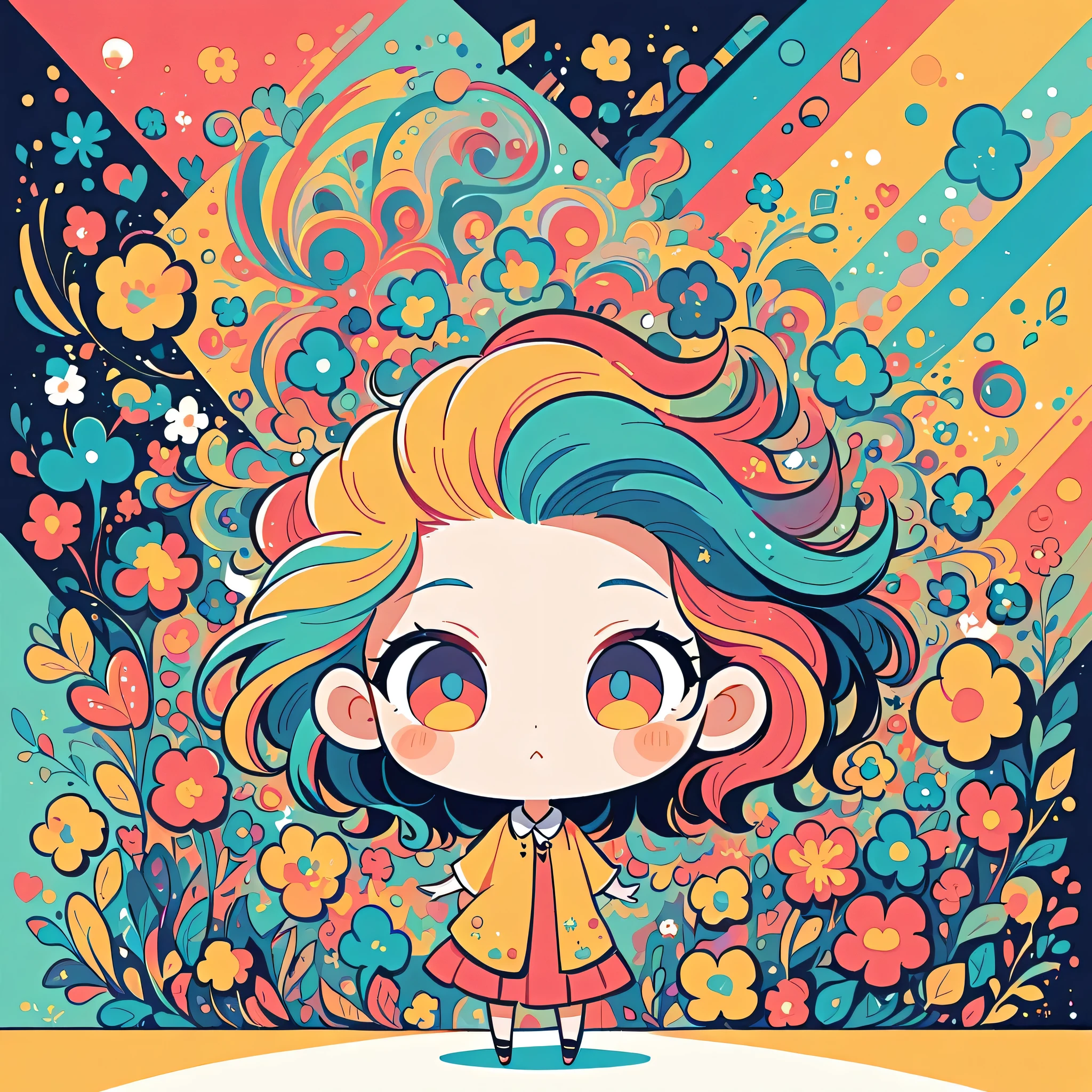 Watase Seizo style, Standing in front of a high wall，Simple Line Initialism，Abstract art，Urban Background, (((The most beautiful girl))), (((chibi))), colorful flowers