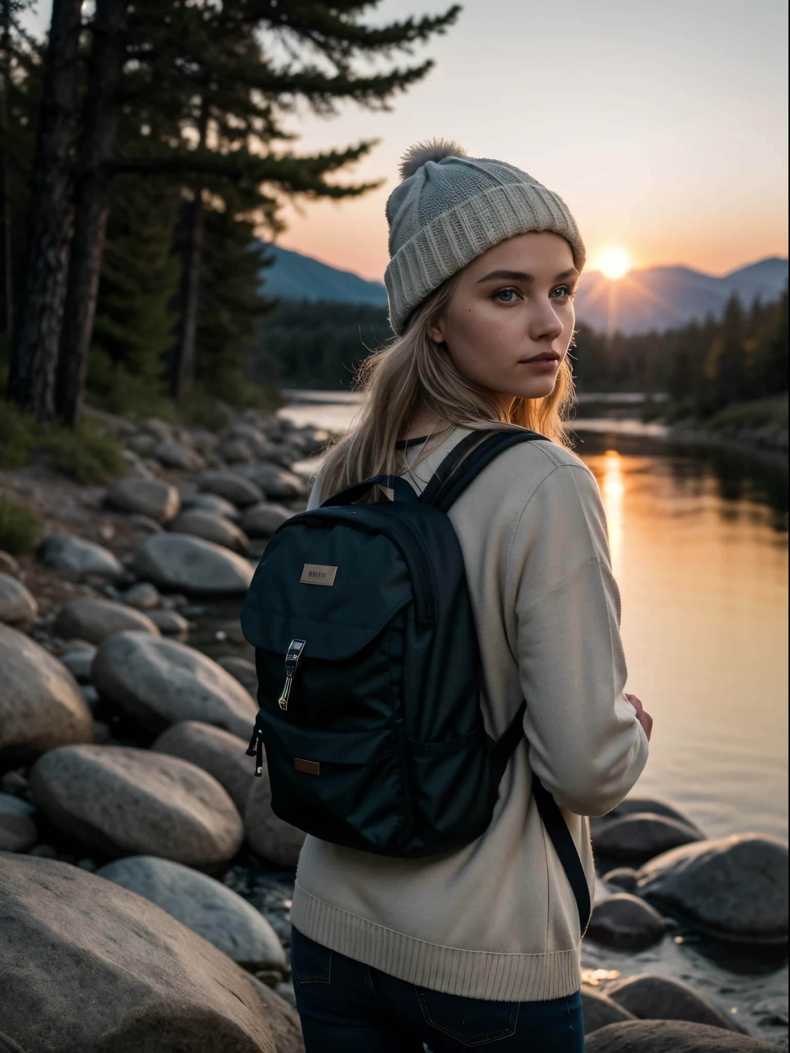 photography of a 20yo woman,light blond hair,blue-eyed woman, perfect face, masterpiece,instaphoto,latina, a mole on my right cheek, photorealistic,8k, outdoors, (sunset), mountains, nature, (sun going down), backpack, water bottle, hiking boots, gloves, sweater, hat, flashlight, forest, rocks, river, wood, smoke, shadows, contrast, clear sky,