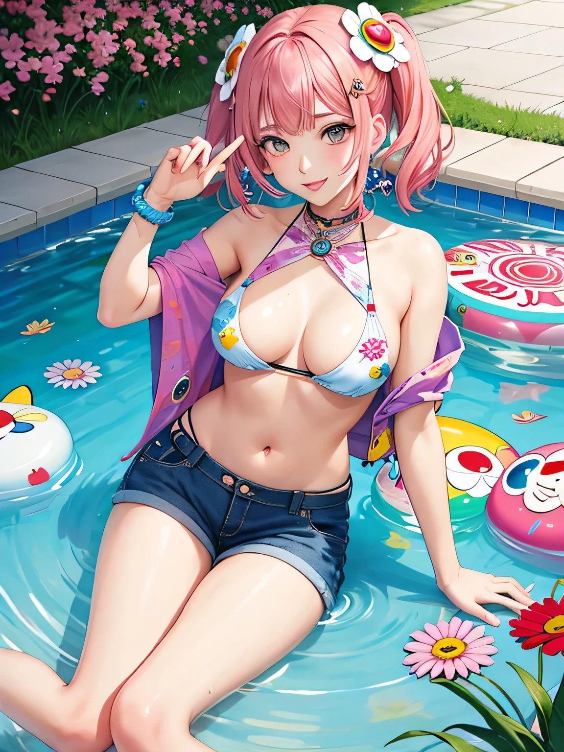 Takashi Murakami style, lips in love, sexuality, the nicest girl, beautiful eyes, Fashion Model, stylish, beautiful flower, Colorful Hearts, sitting in the spring garden