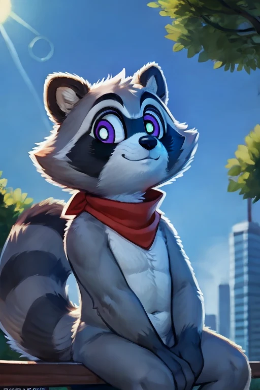 Rambley racoon is raccoon mascot, he lives inside of networks and code, making his appearances on tv screens and monitors, 
 he has a tall big chubby body and  raccoon hands, his feet are also roughly the same size as his hands, being cute, his fur a light grey, and the fur on his hands and feet black, he has a cute little bushy raccoon tail with stripes running down it, and a lighter grey patch running from his neck to around his belly, he has puffy little cheeks and pointy little raccoon ears, his eyes are a shiney purple with lighter grey fur surrounding them, he has a cute and derpy little nose and mouth, surrounded by similar grey fur to the fur around his eyes, as well as a long black patch running from left to right in between his eyes and nose, he has a  red bandana like red scarf that he wears around his neck,  monitor screens, , looking at viewer, big chest, day,, s ensual, detailed, uploaded to e621, beautiful an d detailed portrait of an anthropomorphic, (((m ale))) uploaded to e621, zaush, foxovh, movie li ghting, thicc, alone, detailed, 8k res, hires, detai led eyes, good anatomy, good perspective, tow ards viewer, by bebebebebe, by sicklyhypnos, b y gerkk, by orf, nice hands, perfect hands, happ y, romantic, ray tracing lighting, rtx on, By Bebe bebebe, by SpiritD, by KOBITOWANI, best qualit y, masterpiece, perfect anatomy, detailed pictur e)), 1femboy, outside in a park that has a sunny day with sitting down on a park bench