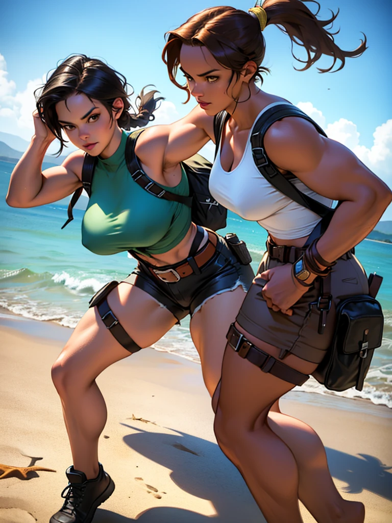 1 girl. Lara croft slim, large breasts, toned, athletic.holding shotgun. Brown hair in a long braided ponytail, brown eyes, wearing lara croft costume (light-blue halter-top, micro brown shorts, leather belt, tactical harness, canvas backpack.pistols.on a tropical beach.dynamic action poses