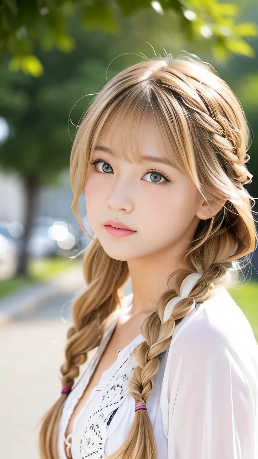 Sexy Big 、Sexy cute looks and cute beautiful girl, beautiful and sexy face、A strong wind blows my hair in front of my face、beautiful long blonde French braided hair、beautiful, Cute and sexy eyes hidden behind long bangs、Yawn、