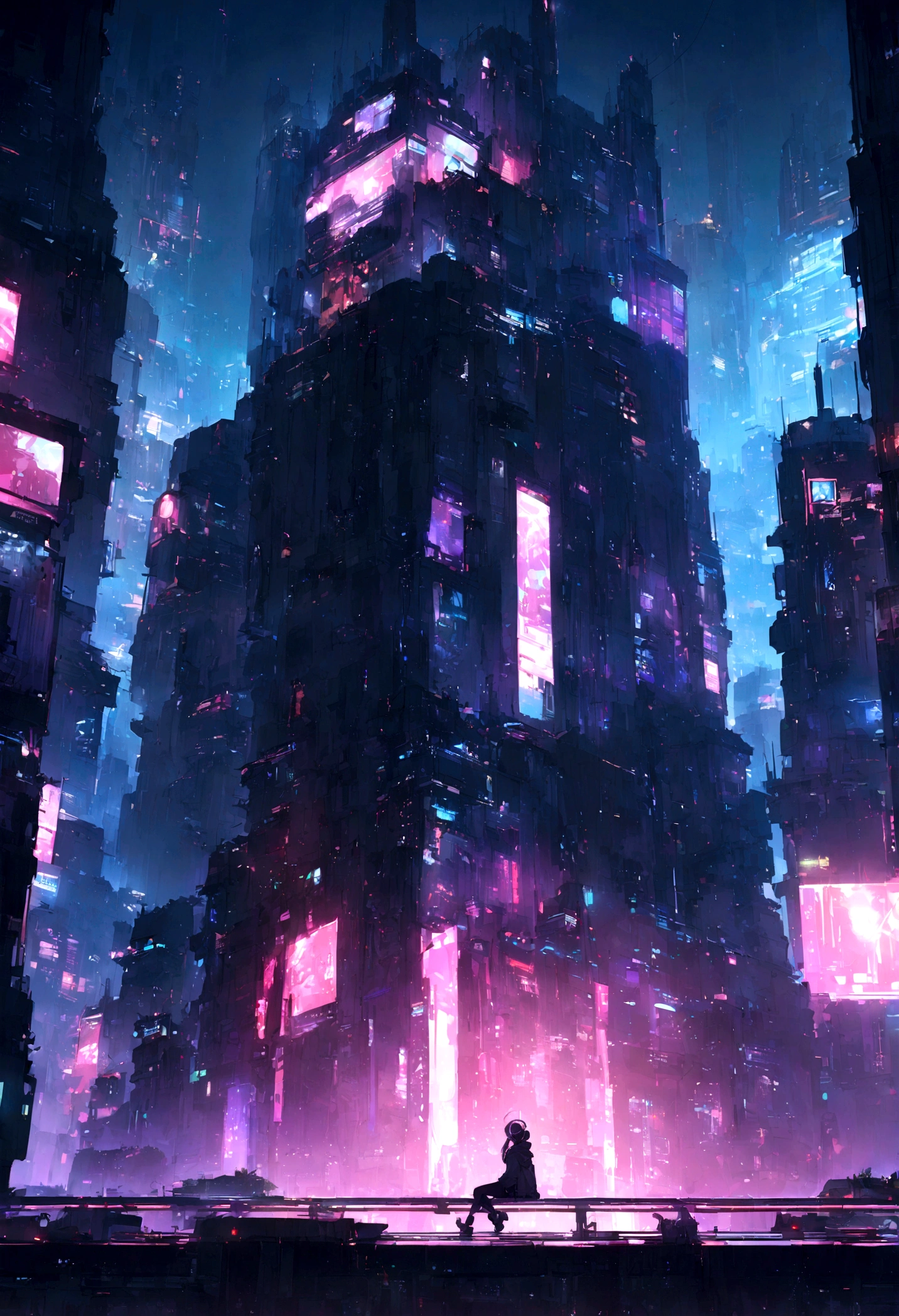 highest quality、masterpiece、night、Headphones、cyber punk、Cyber City、Sitting on high ground、Long Shot、Wide Shot、One Girl